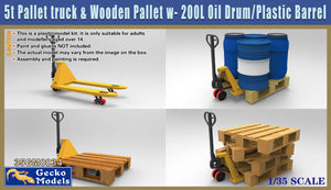 1/35 5t Pallet truck & Wooden Pallet w- 200L Oil Drum-Plastic Barrel Set - Hobby Sense