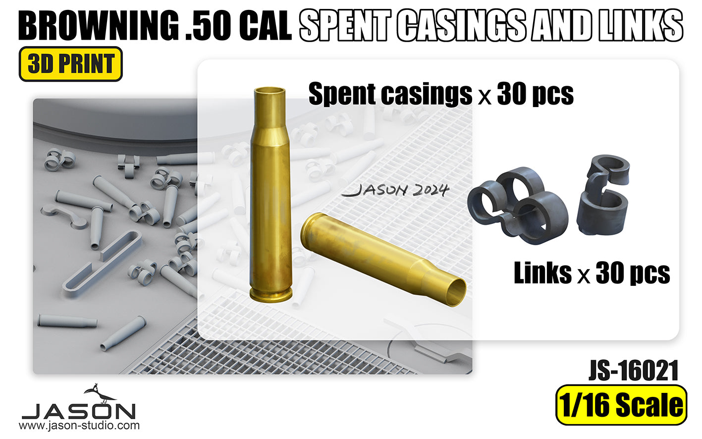 1/16 Browning .50 cal. Spent Casings and Links (x30), 3D Printed - Hobby Sense