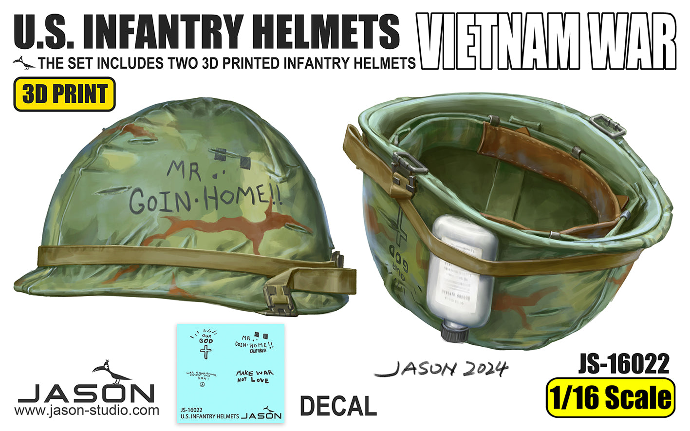 1/16 U.S. Infantry Helmets, Vietnam War (x2), 3D printed - Hobby Sense