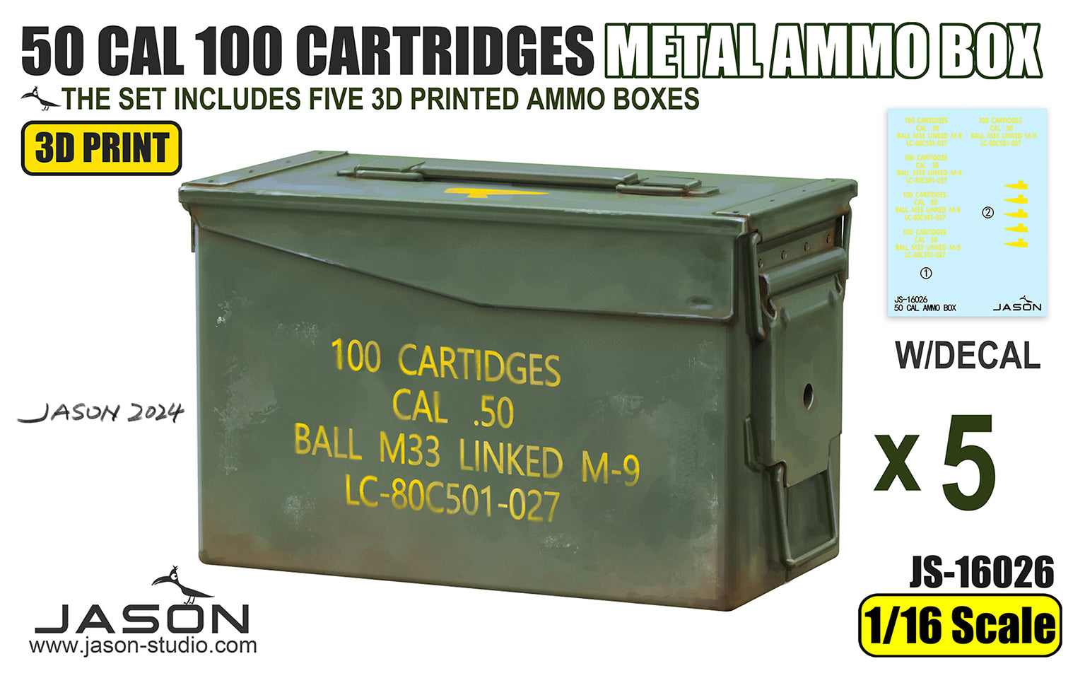 1/16 50 Cal. 100 Cartridges Metal Ammo Box (x5) 3D Printed - Hobby Sense