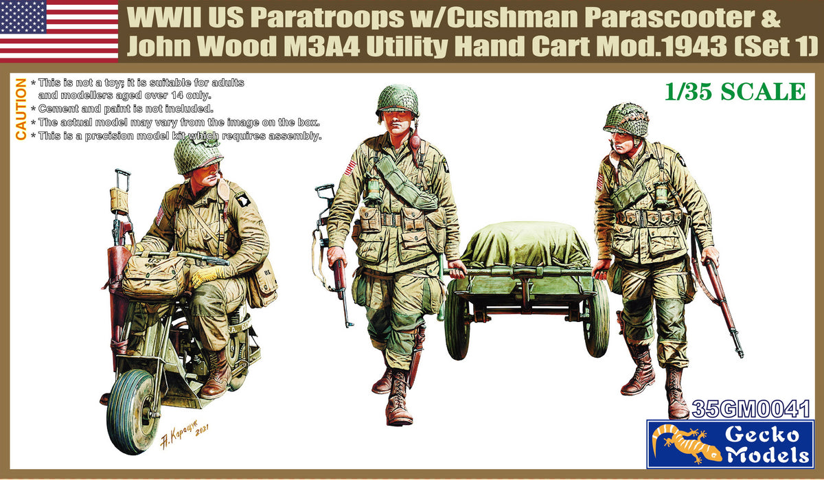 1/35 M53 Scooter Cushman w/John Wood M3A4 Utility Hand Cart Mod.1943 & US Paratroops (Set 1) - Hobby Sense