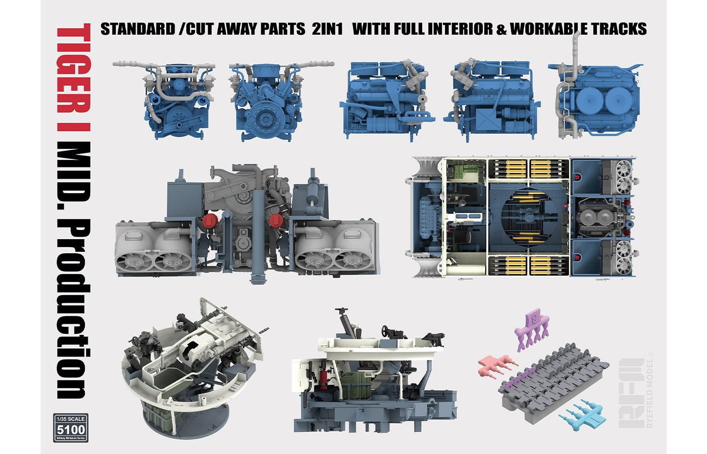 1/35 Pz.Kpfw. VI Ausf. E Tiger I Mid. Prod. Standard/Cut Away Parts 2in1 with full interior & workable tracks - Hobby Sense