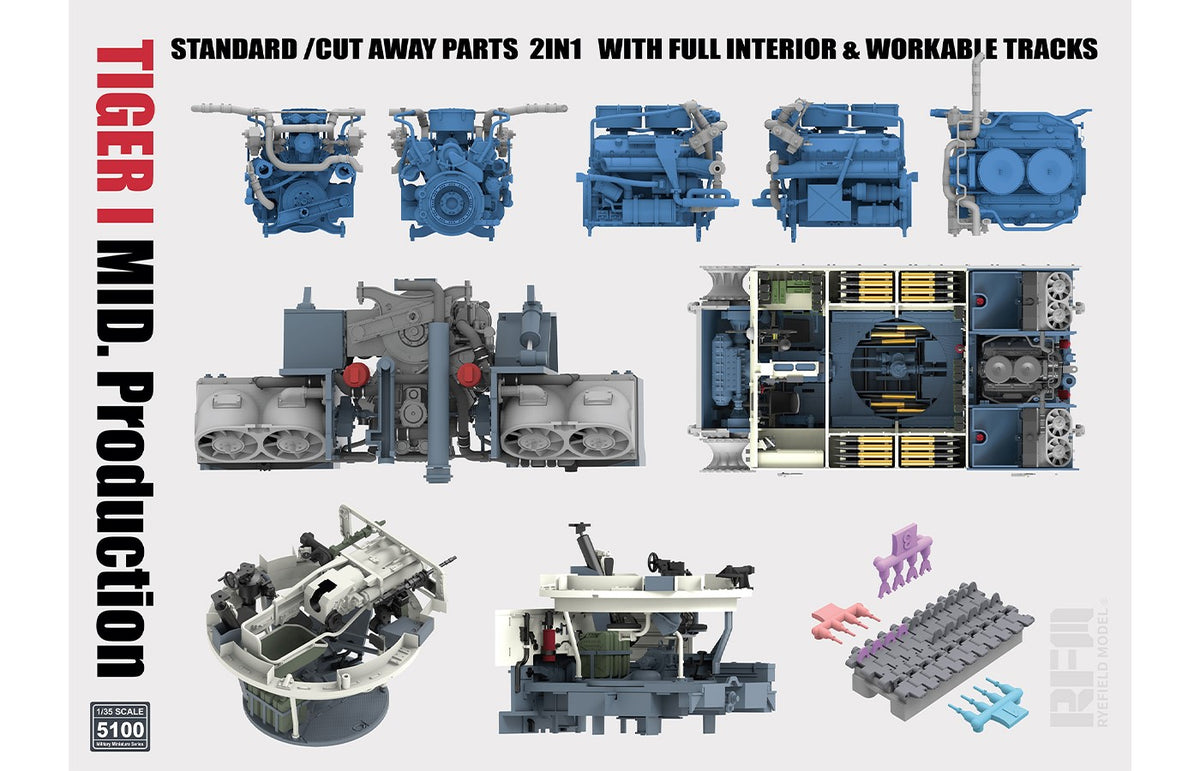 1/35 Pz.Kpfw. VI Ausf. E Tiger I Mid. Prod. Standard/Cut Away Parts 2in1 with full interior & workable tracks - Hobby Sense