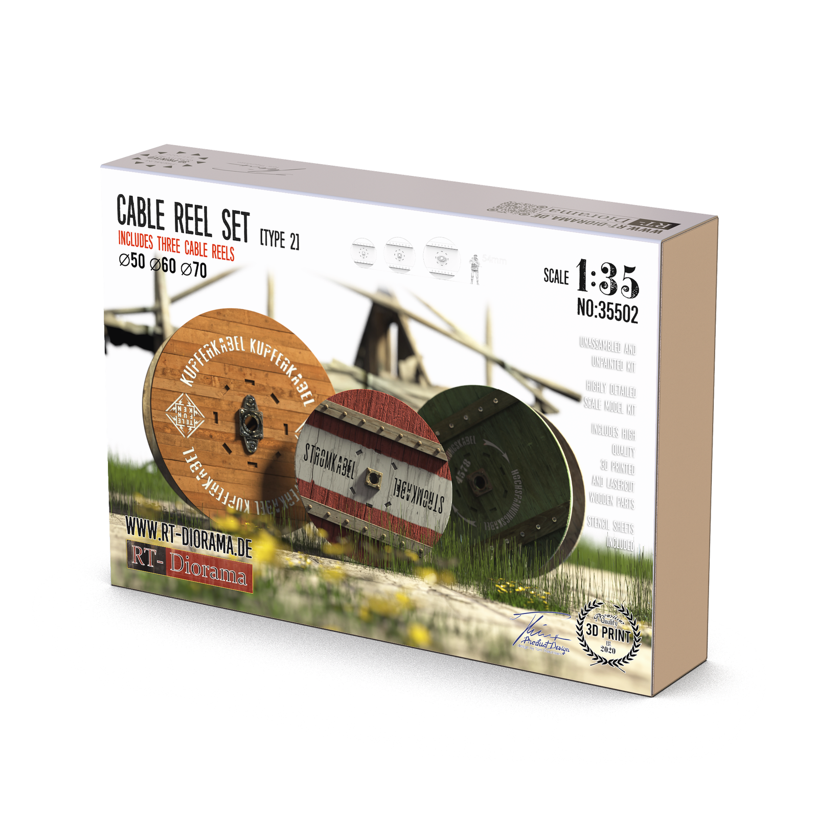RT Diorama 1/35 Cable Reel Set (Type 1) includes 3 cable reels Ø30mm, Ø35mm, Ø40mm - Hobby Sense
