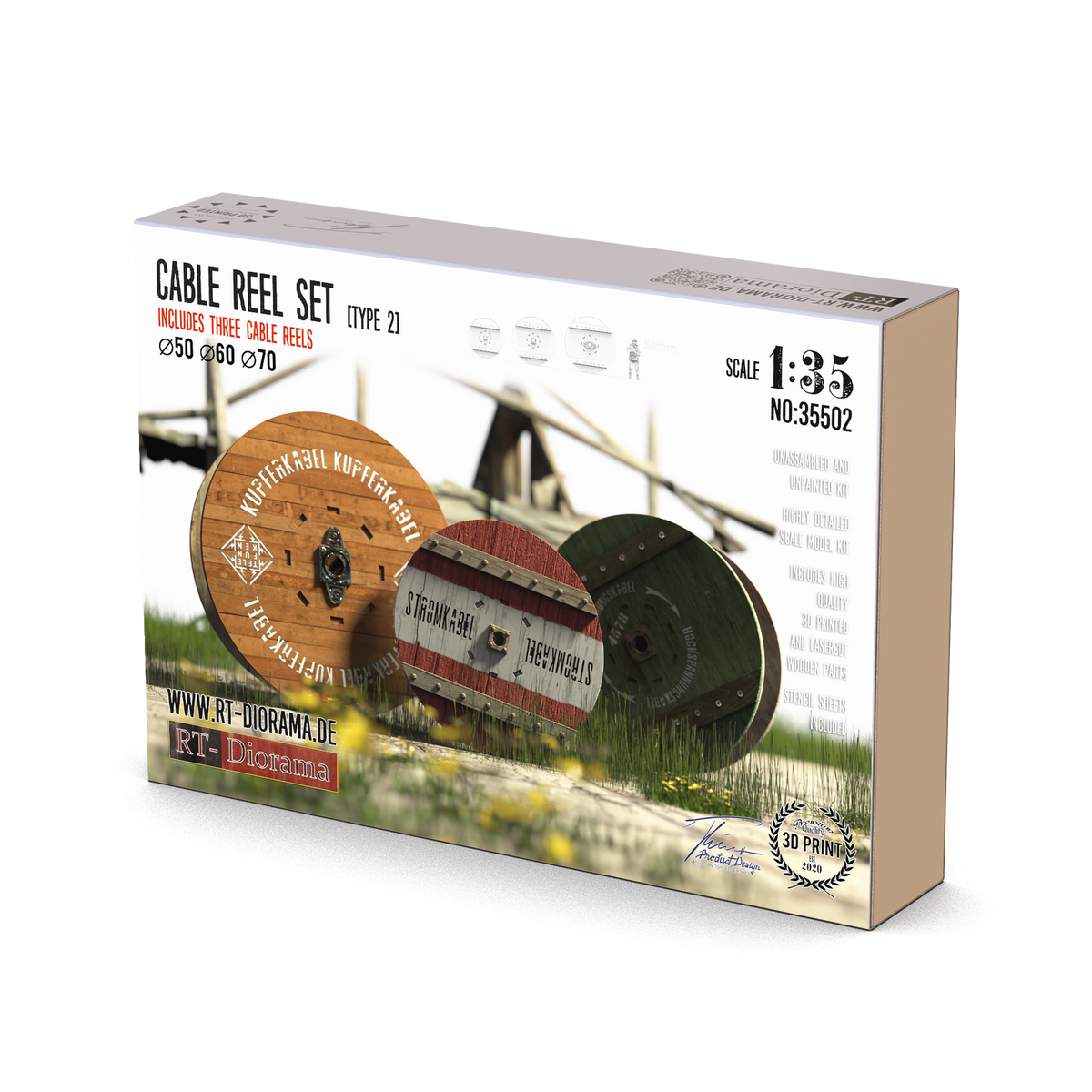 RT Diorama 1/35 Cable Reel Set (Type 1) includes 3 cable reels Ø30mm, Ø35mm, Ø40mm - Hobby Sense