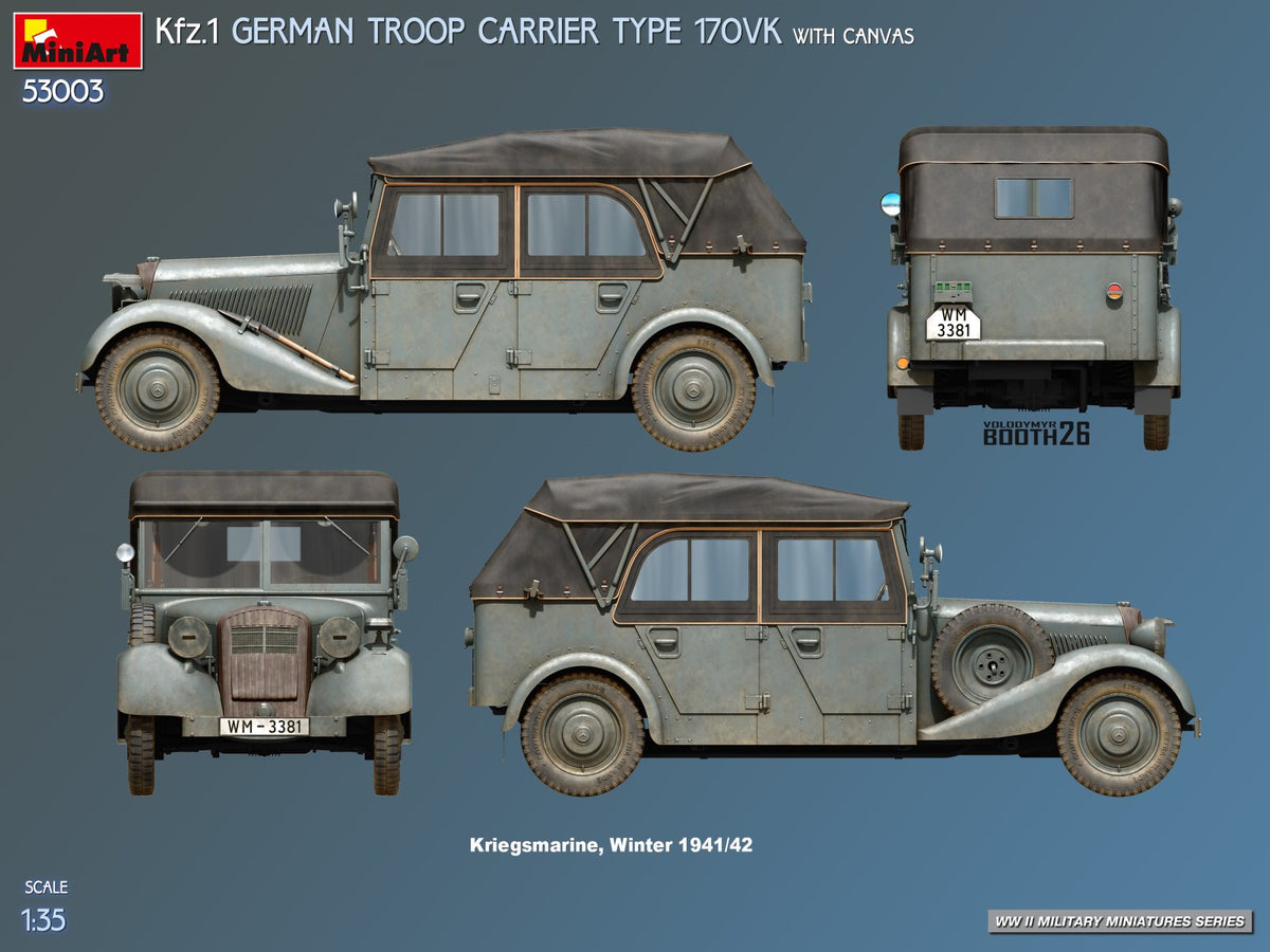Miniart 1/35 Kfz.1 German Troop Carrier Type 170VK with Canvas