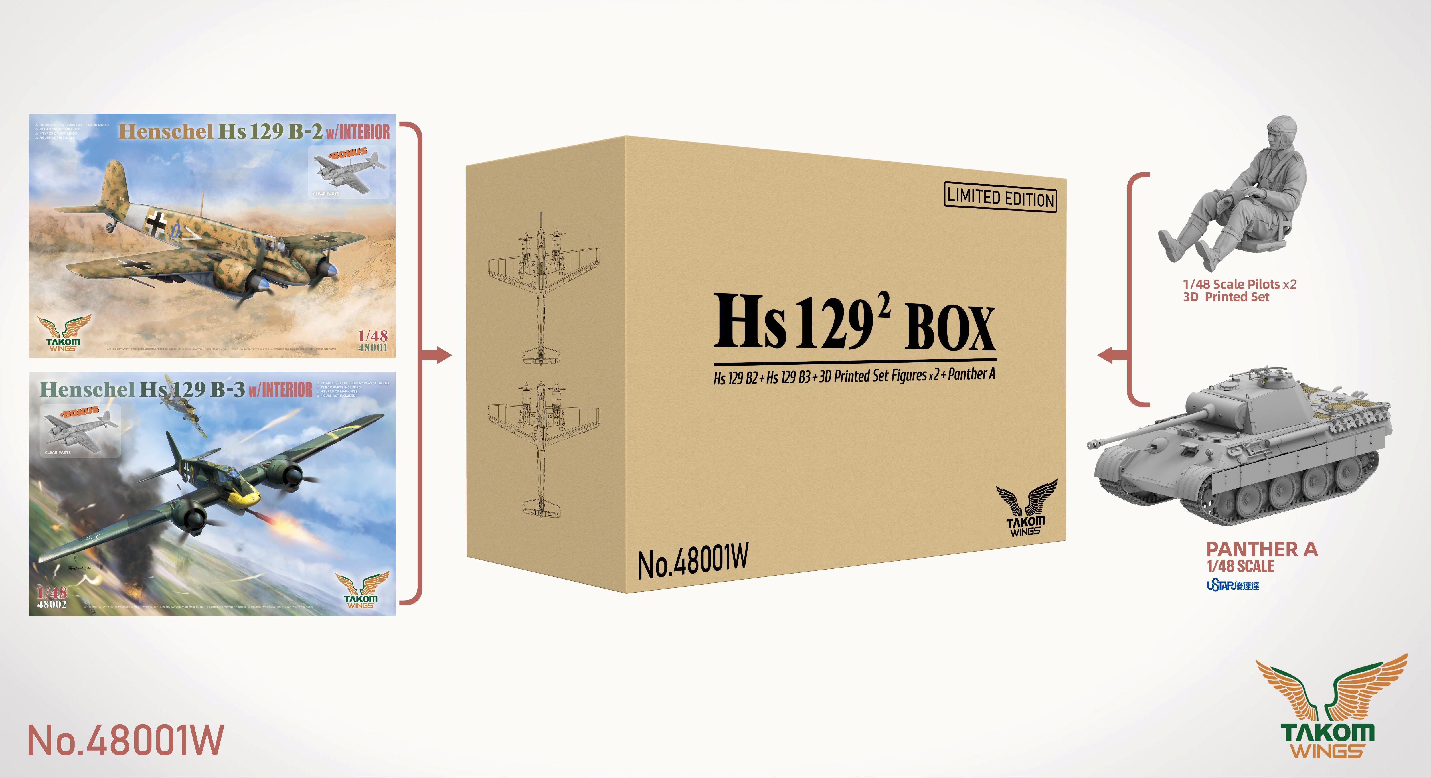 1/48 Hs129² Box Hs 129 B2 + Hs 129 B3 + 3d Printed Set Figures x2 + Panther A - Hobby Sense
