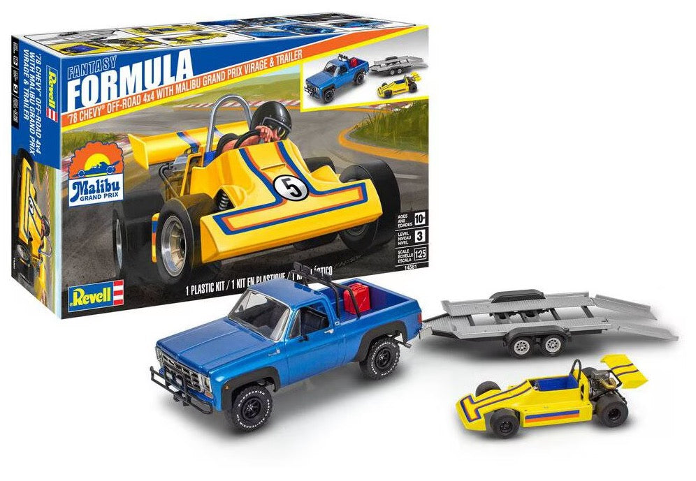 1/25 1978 Chevy Off-Road 4x4 Pickup Truck w/Malibu Grand Prix Virage Race Car & Trailer