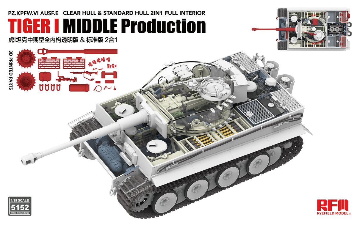 Rye Field 1/35 Tiger I Mid-Production, Clear & Standard Hull, Full Interior - Hobby Sense