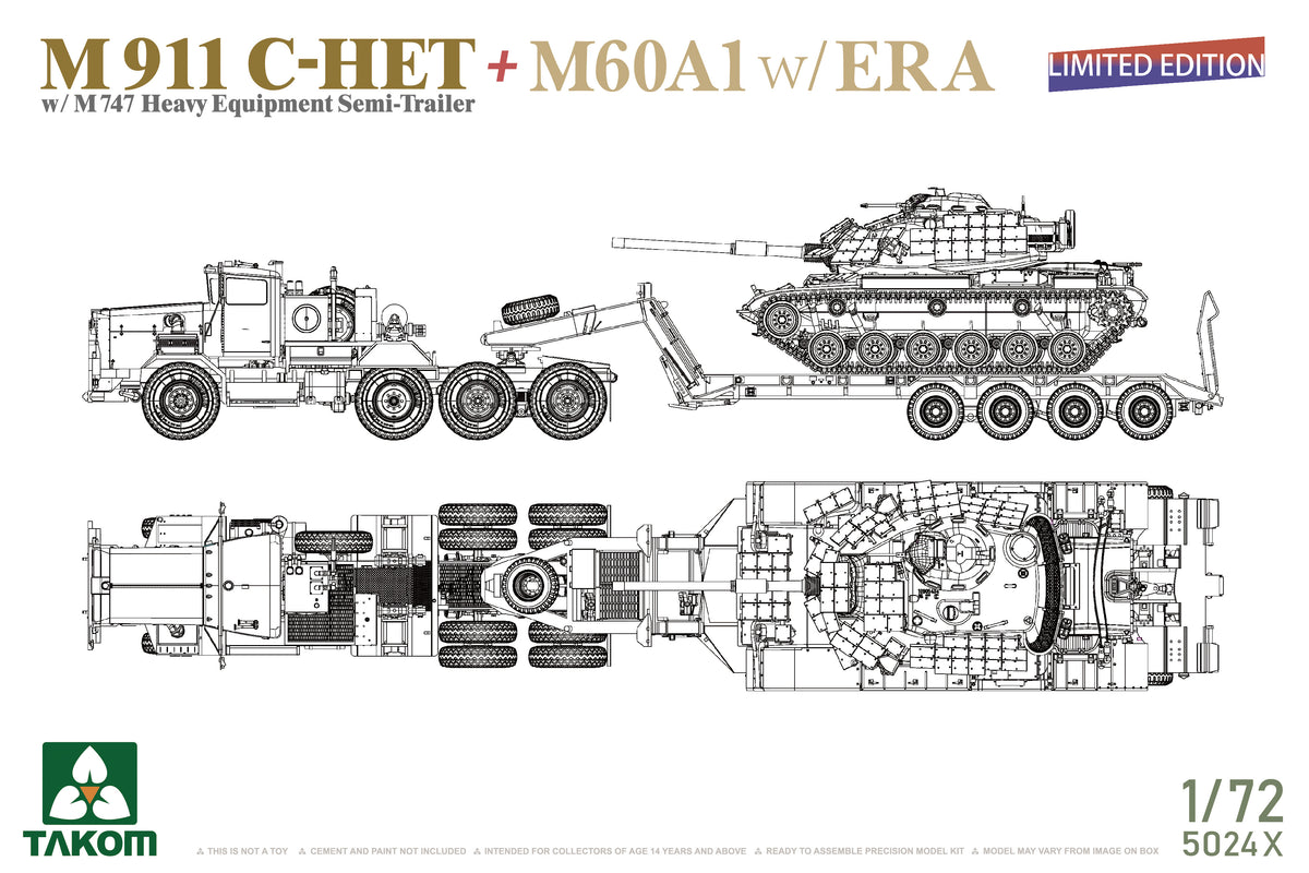 Takom 1/72 M911 C-HET w/ M747 Heavy Equipment Semi-Trailer + M60A1 w/ ERA - Hobby Sense
