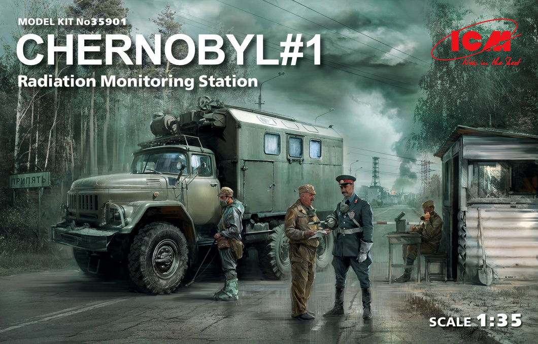 1/35 Chernobyl #1. Radiation Monitoring Station (ZiL-131KShM truck & 5 figures & diorama base with background) - Hobby Sense