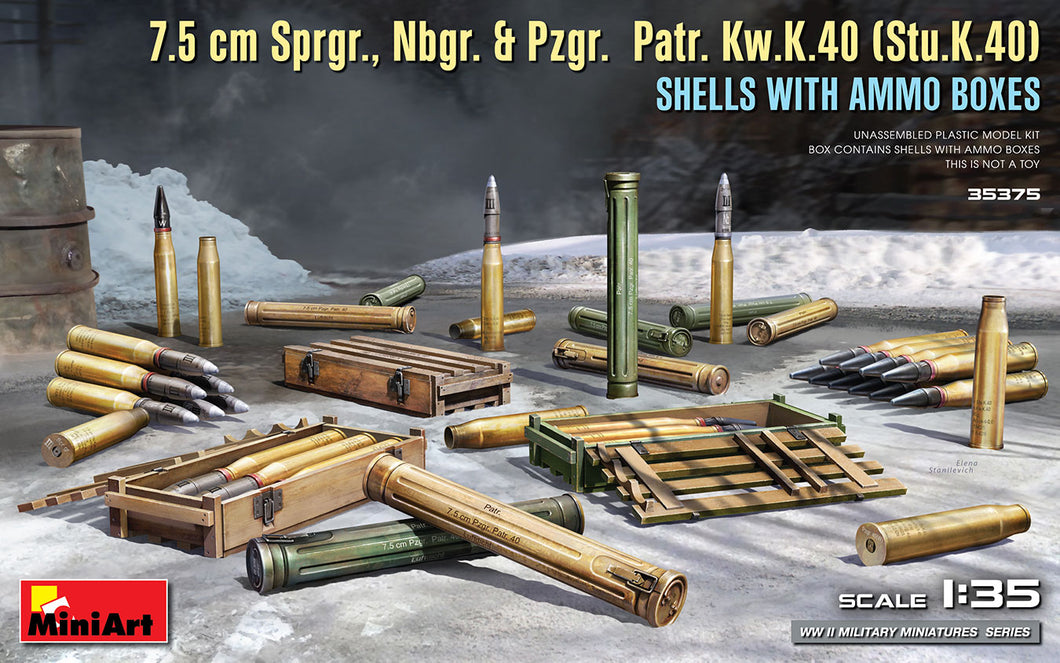 1/35 7.5 cm Sprgr., Nbgr. & Pzgr. Patr. Kw.K.40 (Stu.K.40) Shells with Ammo Boxes - Hobby Sense