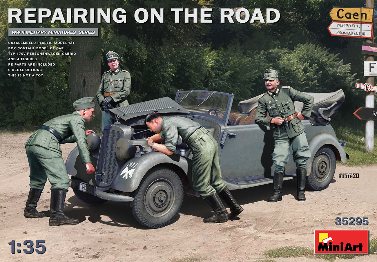 1/35 Repairing on the Road (Typ 170V Personenwagen Cabrio & 4 Figures) - Hobby Sense