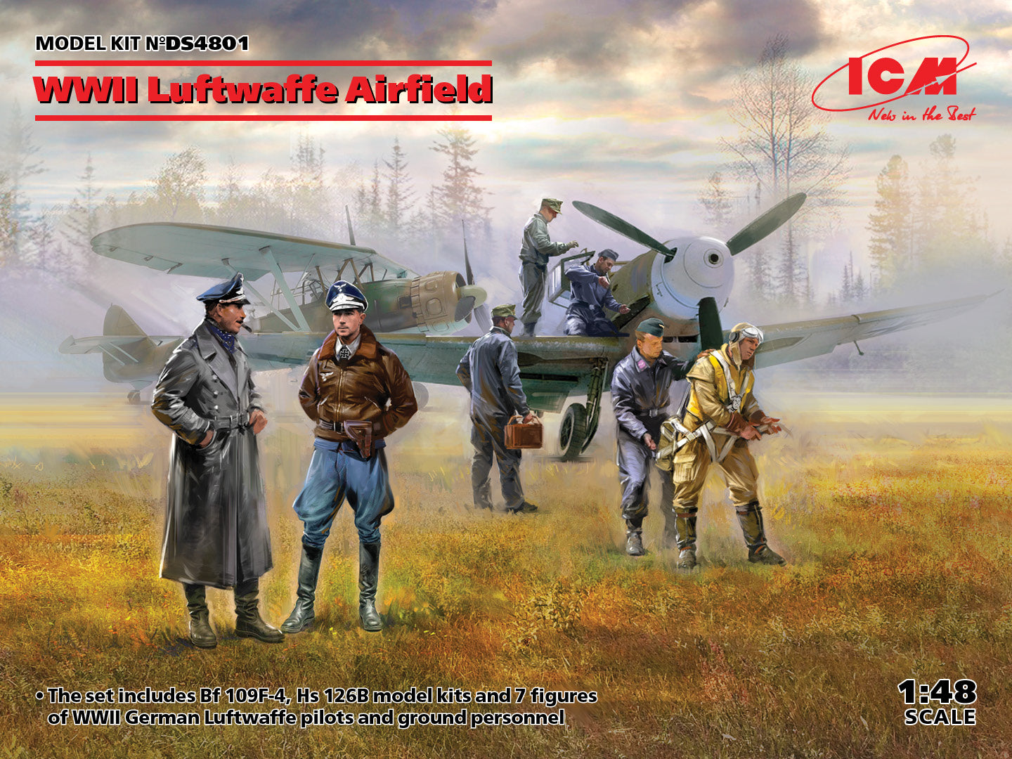 1/48 WWII Luftwaffe Airfield - Messerschmitt Bf 109F-4, Hs 126 B-1, Luftwaffe Pilots and Ground Personnel 7 figures - Hobby Sense