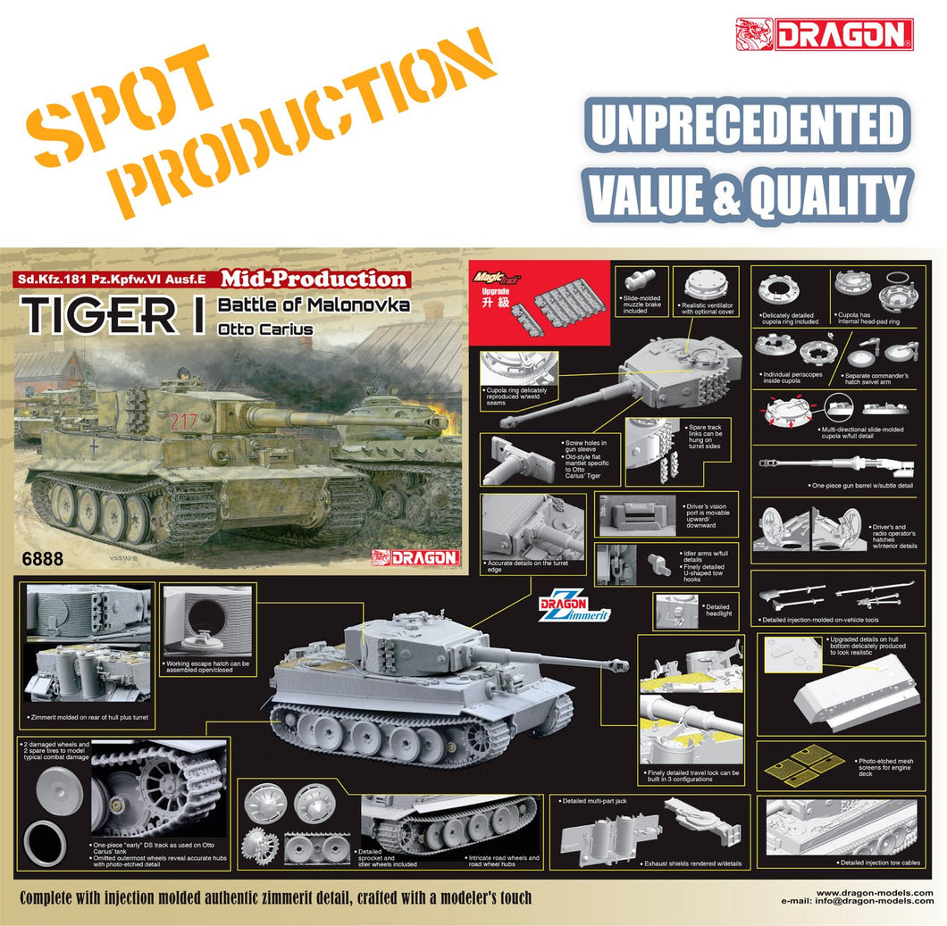 1/35 Sd.Kfz.181 Pz.Kpfw.VI Ausf.E Tiger I Mid-Production w/Zimmerit Battle Of Malonovka Otto Carius - Hobby Sense